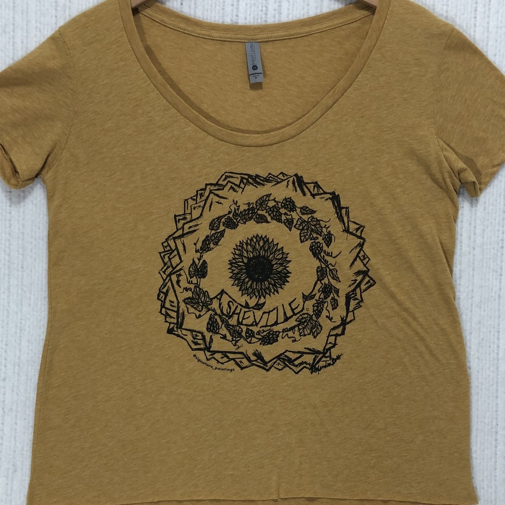 Next Level Asheville NC Sunflower Hops Mountain Graphic Tee Mustard Yellow XL
